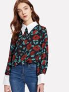 Shein Contrast Collar & Cuff Rose Print Blouse