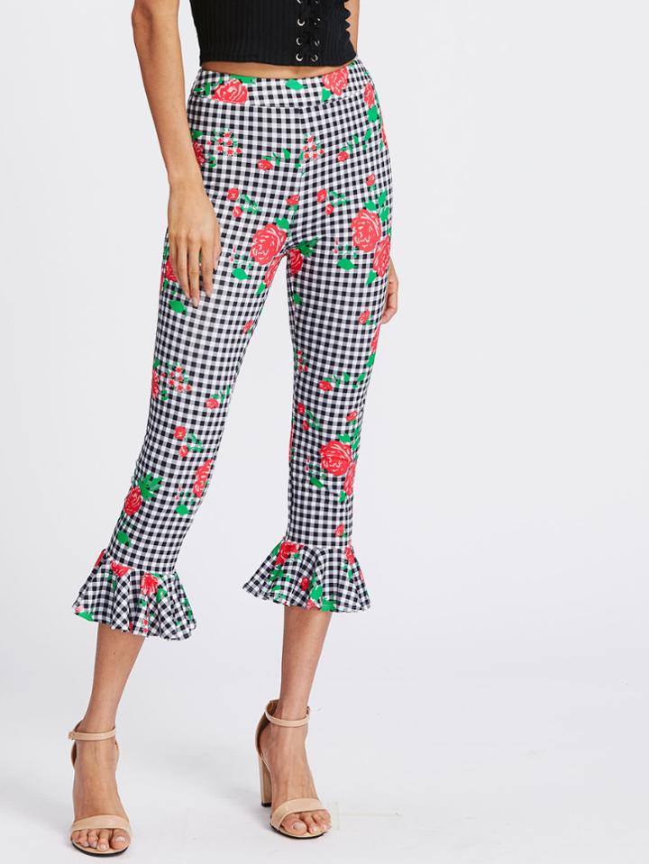 Shein Rose Print Frilled Hem Checkered Pants