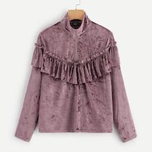 Shein Ruffle Trim Zipper Velvet Shirt