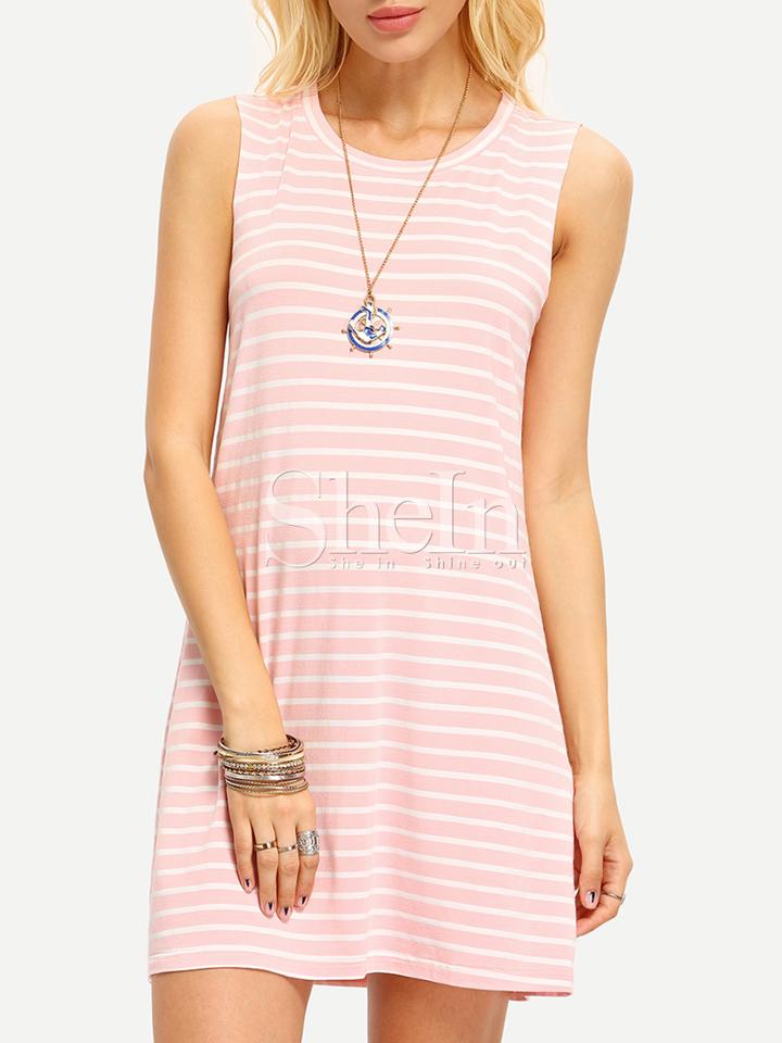 Shein Pink Striped Sleeveless Shift Sun Dress