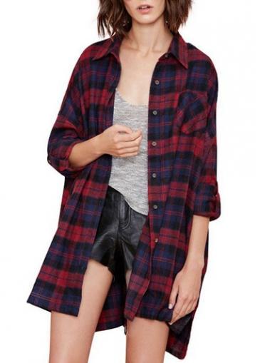 Rosewe Trendy Long Sleeve Turndown Collar Plaid Print Long Shirt