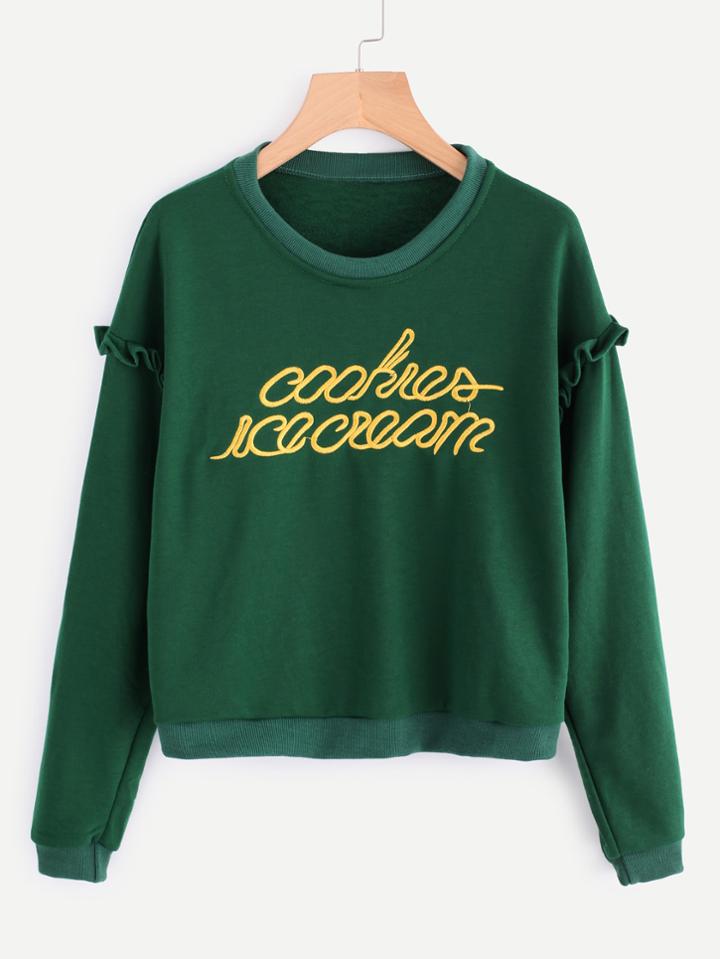 Shein Letter Embroidered Frill Trim Pullover