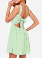 Rosewe Cute V Neck Bow Decorated Open Back Green Dress