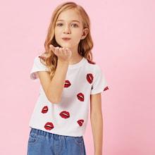Shein Girls Allover Lip Print Tee