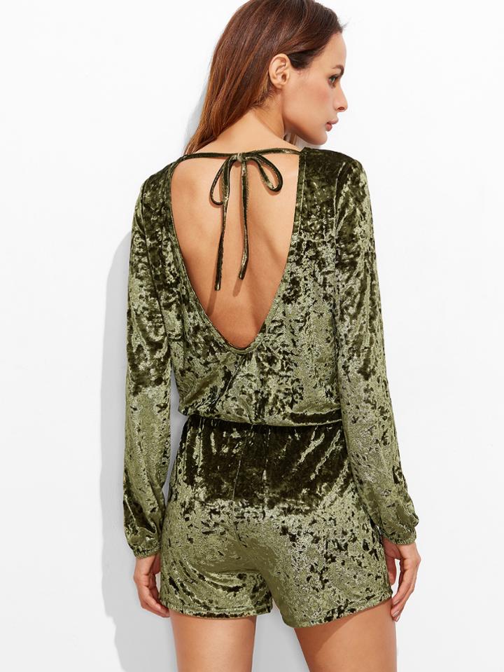 Shein Olive Green Tied Open Back Crushed Velvet Romper