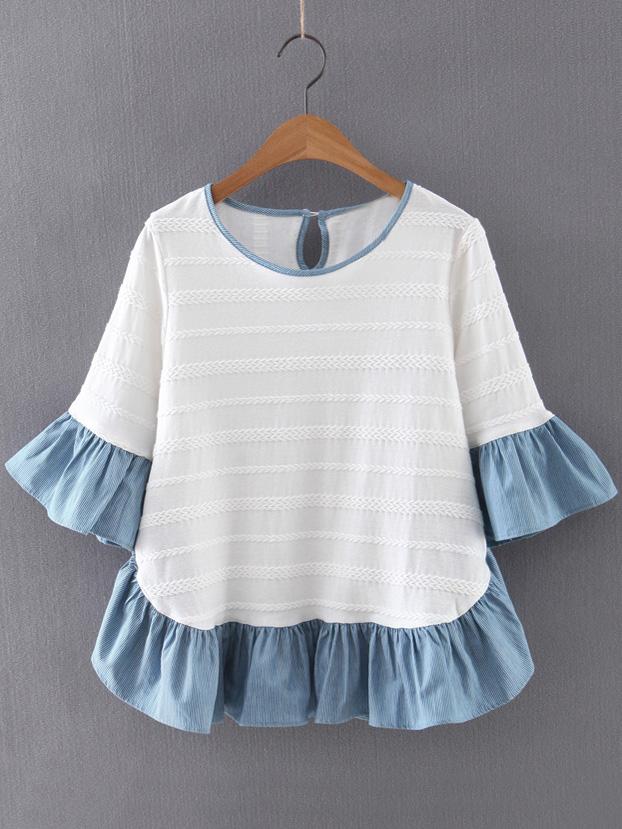 Shein Multicolor Ruffle Bell Sleeve Knit Jacquard Blouse