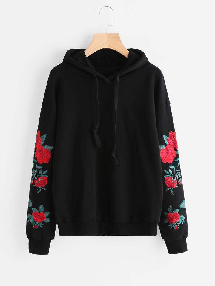 Shein Drop Shoulder Flower Embroidered Sleeve Hoodie