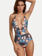 Shein Placemented Print Deep V Neck Halter Neck Swimwear