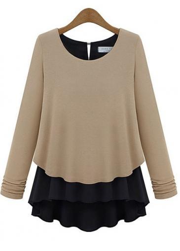 Rosewe Khaki And Black Color Blocking Long Sleeve Tees