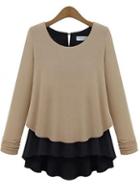 Rosewe Khaki And Black Color Blocking Long Sleeve Tees