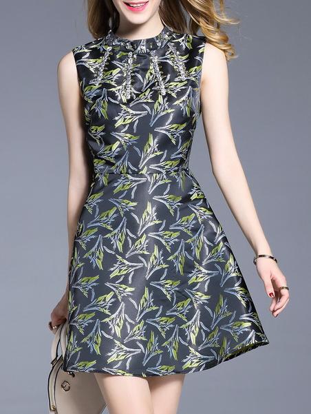 Shein Black Beading Print A-line Dress