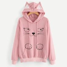 Shein Plus Cat Print Drawstring Hoodie