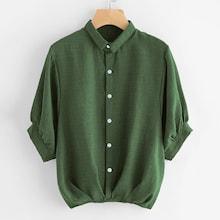 Shein Plus Puff Sleeve Collar Solid Blouse