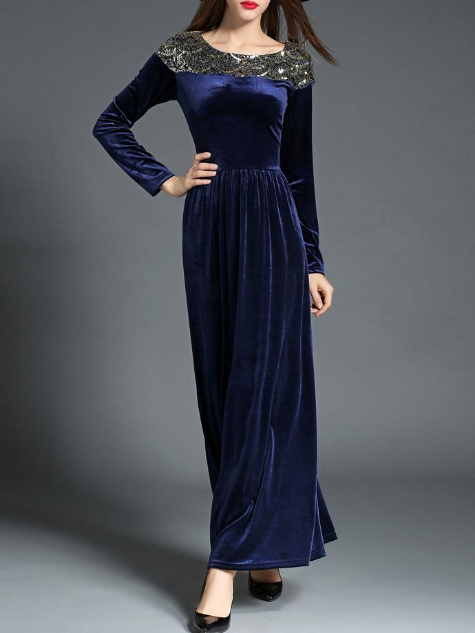 Shein Navy Sequined Velvet Maxi Dress