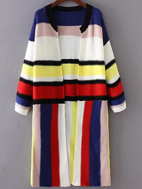 Shein Multicolor Striped Open Front Long Cardigan