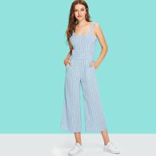 Shein Slant Pocket Patched Stripe Jumpsuit With Thick Strap