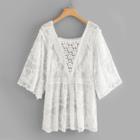 Shein Deep V Neck Sheer Embroidery Lace Blouse