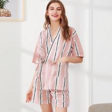 Shein Striped Kimono Wrap Top & Shorts Pj Set