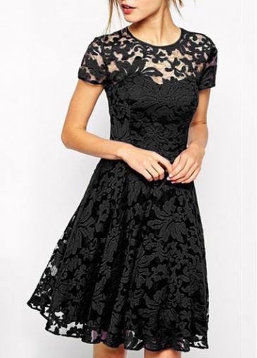 Rosewe Round Neck Short Sleeve Black Lace Dress