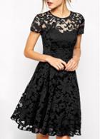 Rosewe Round Neck Short Sleeve Black Lace Dress