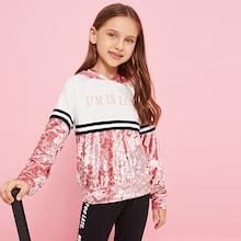 Shein Girls Contrast Velvet Letter Hoodie