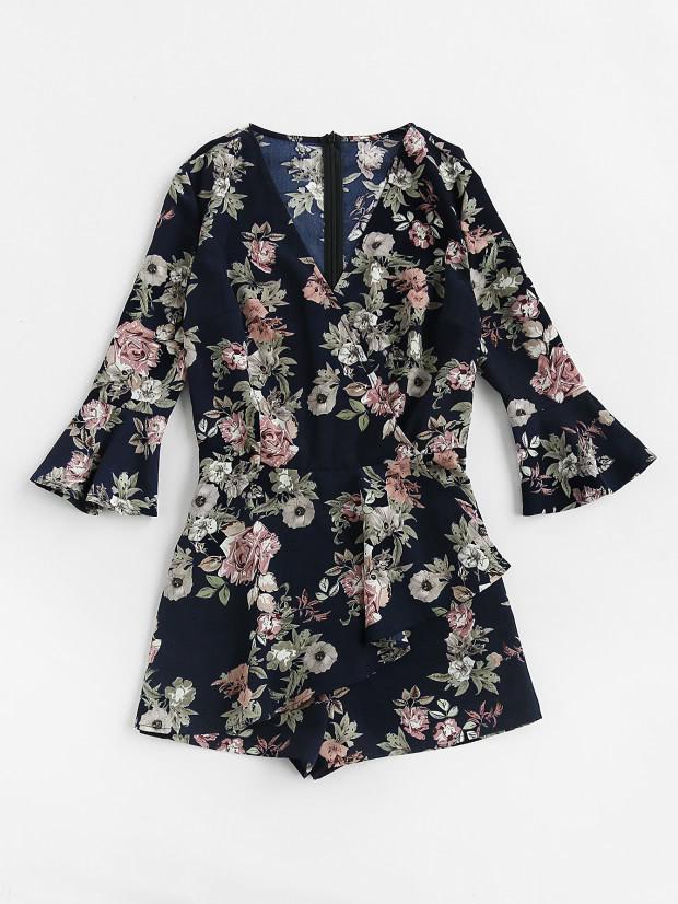 Shein Fluted Sleeve Zip Back Surplice Wrap Romper