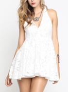 Shein White V Neck Sleeveless Lace Pleated Dress