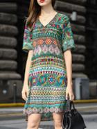 Shein Multicolor V Neck Tribal Print High Low Dress