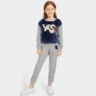 Shein Girls Letter Patched Mixed Media Pullover And Sweatpants Set