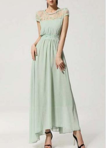 Rosewe Brief Chiffon Green High Waist Cap Sleeve Maxi Dress