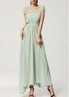 Rosewe Brief Chiffon Green High Waist Cap Sleeve Maxi Dress
