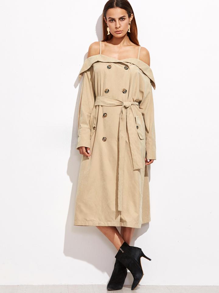 Shein Khaki Foldover Cold Shoulder Belted Trench Coat