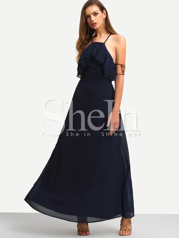 Shein Navy Halter Lace Up Back Ruffle Maxi Dress