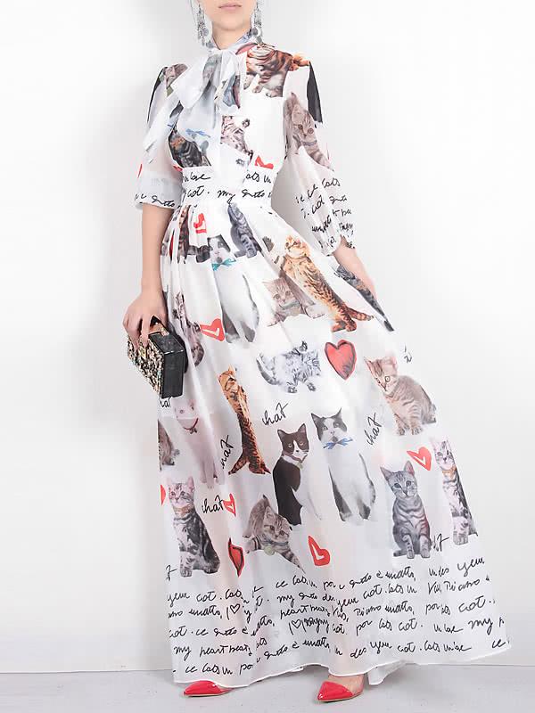 Shein Tie Neck Cats Print Maxi Dress