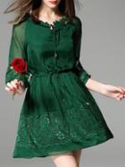 Shein Green Tie Neck Contrast Gauze Drawstring Lace Dress