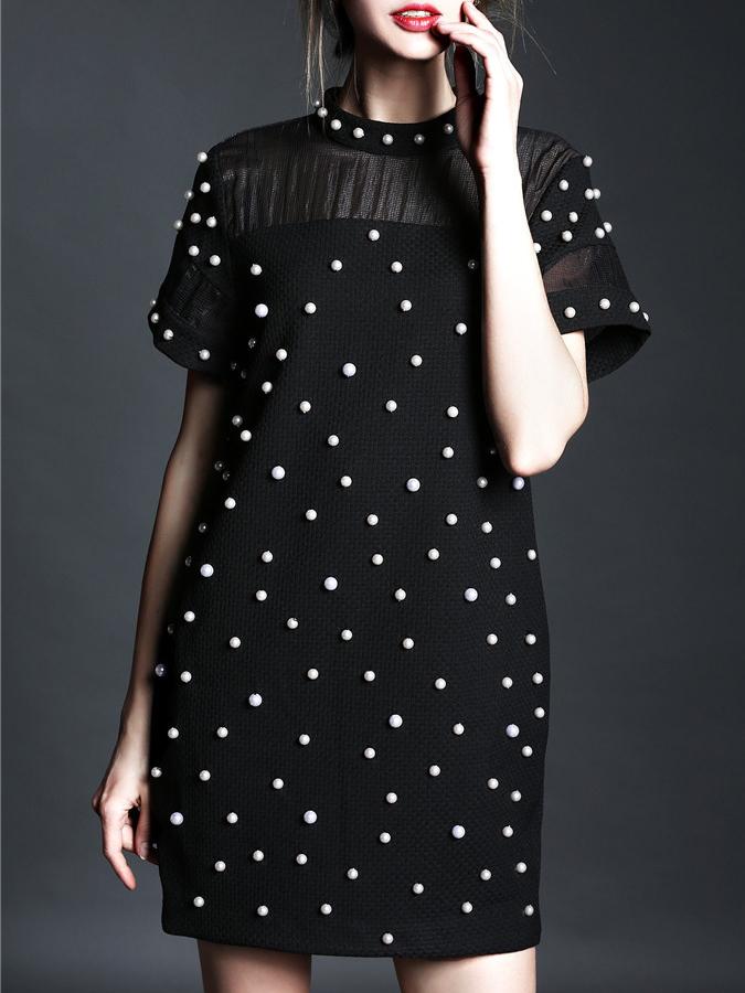 Shein Black Beading Pockets Shift Dress