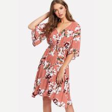 Shein Shirred Waist Flower Print Dress
