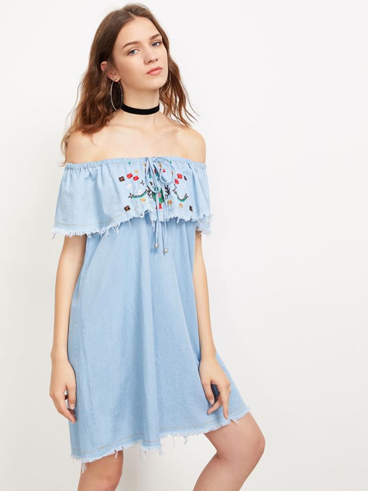 Shein Tie Front Embroidered Flounce Frayed Denim Dress