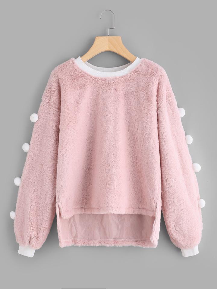 Shein Contrast Rib Trim High Low Faux Fleece Pullover
