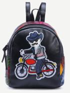 Shein Black Motorcycle Man Patch Animal Print Backpack