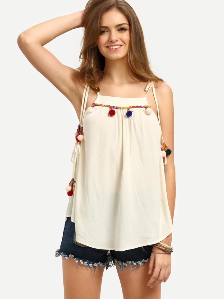Shein Beige Pom-pom Decorated Spaghetti Strap Blouse