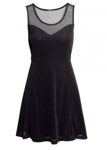 Rosewe Summer Essential Round Neck Mesh Patchwork Skater Dress Black