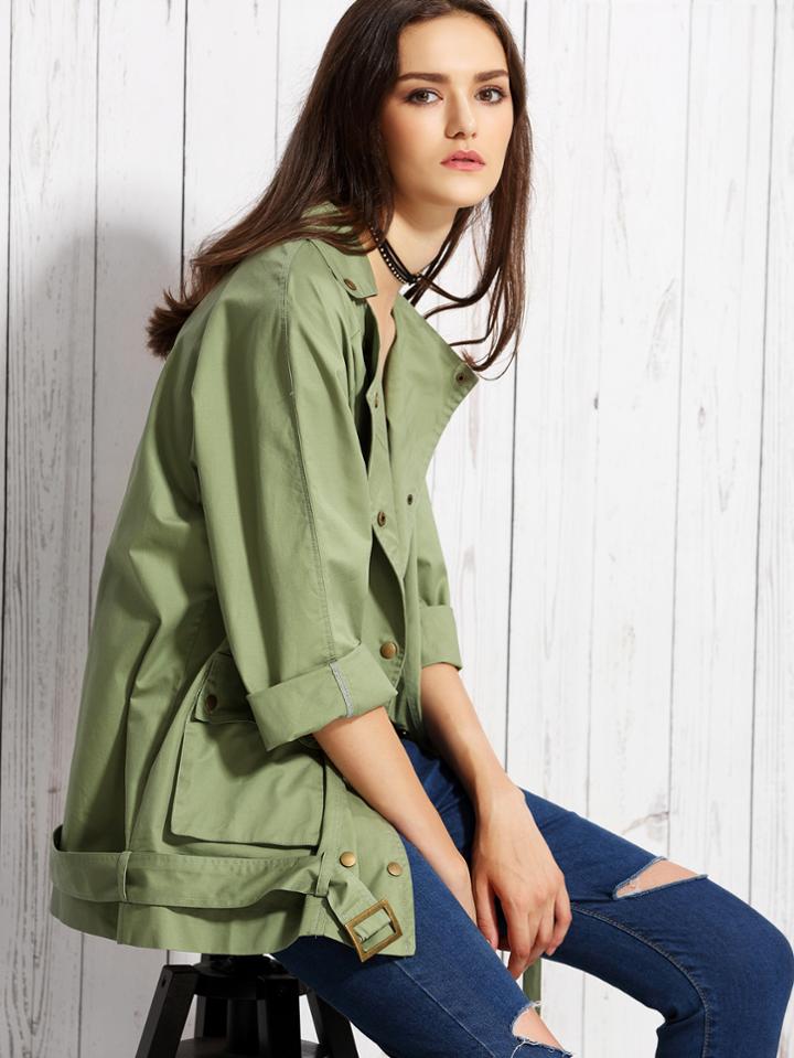 Shein Pale Green Double Breasted Trench Coat With Belt