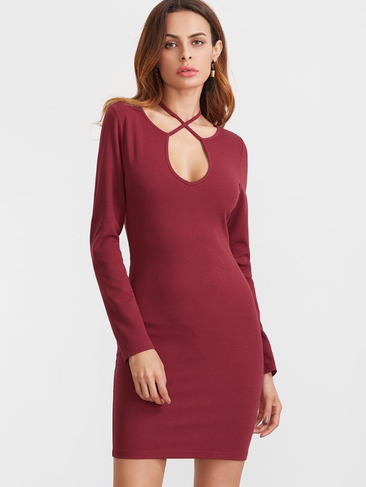 Shein Criss Cross Halter Cut Out Front Long Sleeve Dress