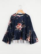 Shein Bell Sleeve Floral Velvet Dip Hem Smock Top
