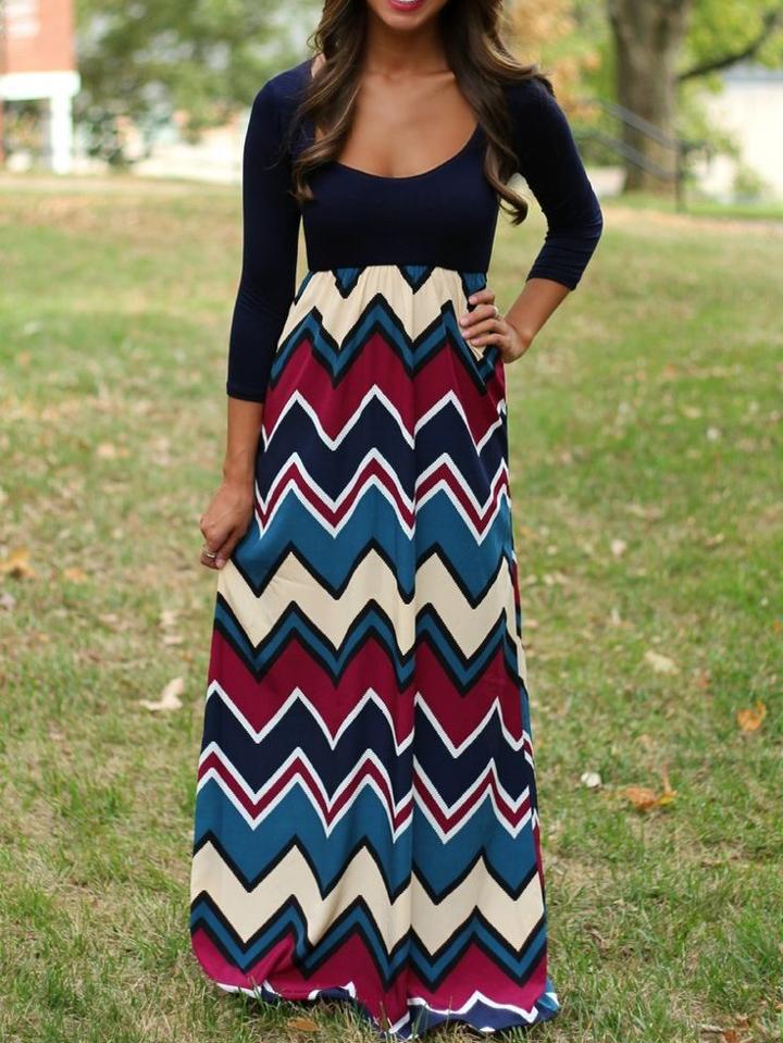 Shein Scoop Neck Zigzag Maxi Colorblock Navy Dress