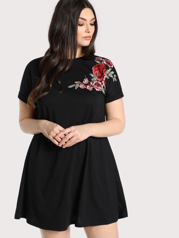 Shein Embroidered Rose Patch Tee Dress