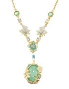 Shein Gold Plated Long Beautiful Green Enamel Flower Stone Necklace