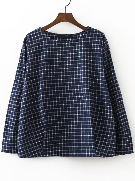 Shein Navy Grid Letter Embroidery Blouse