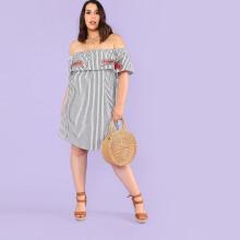 Shein Plus Floral Embroidered Applique Striped Bardot Dress